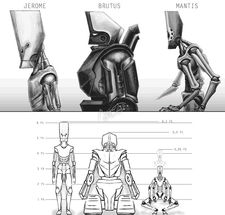 Jerome, Brutis, and Mantis designs by Morgan Jones